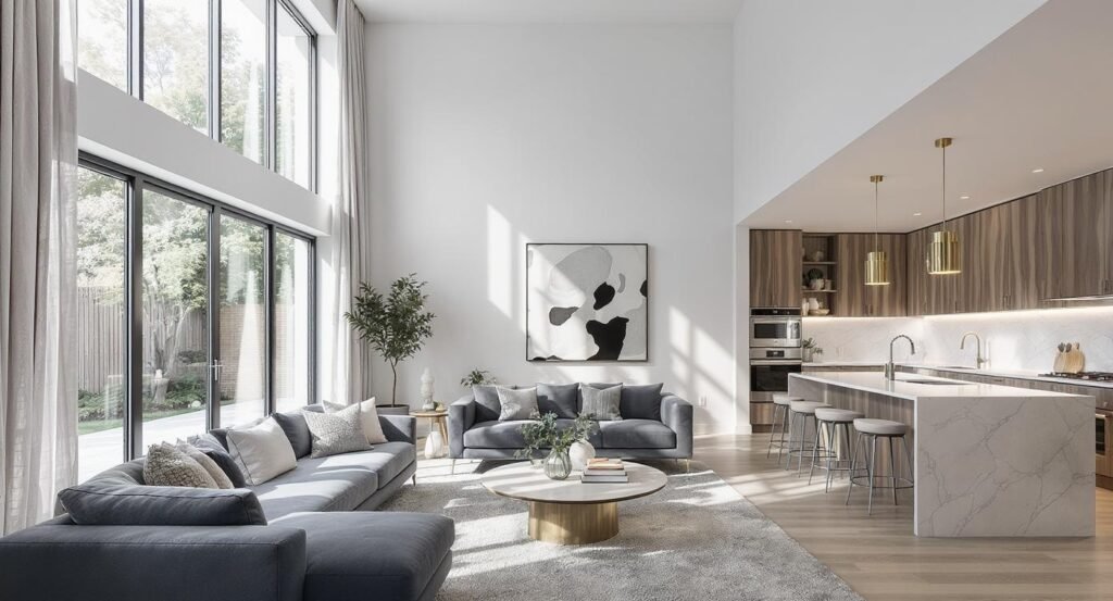 Bright, modern open-plan living room with high ceilings, large windows, gray sofas, and an integrated kitchen with wooden cabinets and an island.