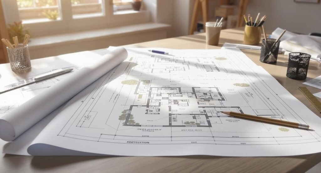 Architectural blueprint on a desk with drafting tools and natural window light.