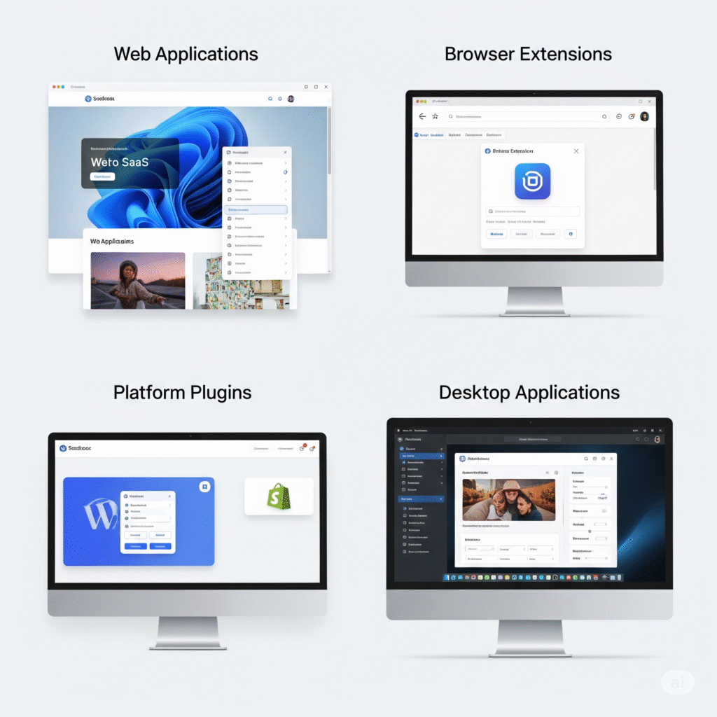 A high-resolution image showing visual representations of four Micro SaaS platform types: a clean web application interface, a browser window with an extension icon, a plugin interface within a larger platform, and a desktop software window.