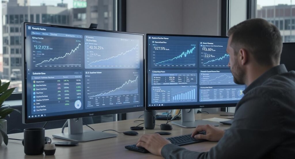  A man is seen from behind, sitting at a desk with two large monitors displaying financial charts, graphs, and numerical data. A keyboard and mouse are in front of him.