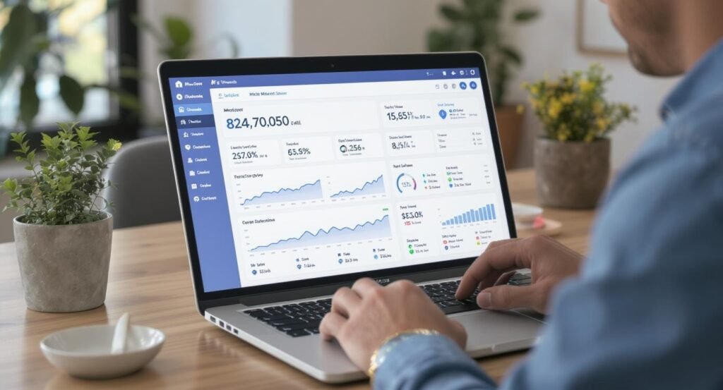 Close-up of a person's hands typing on a laptop showing a detailed software interface with graphs, numbers, and various metrics, suggesting financial analysis or data tracking