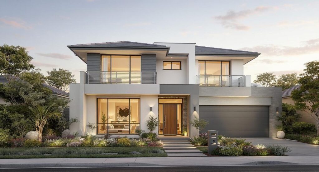 Modern two-story house with balconies, large windows, and an illuminated entrance at dusk, surrounded by landscaped gardens.