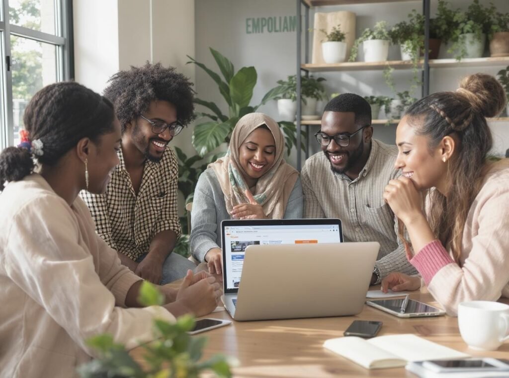A diverse group of five smiling individuals are gathered around a laptop on a wooden table in a modern, plant-filled office space.