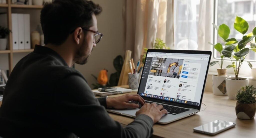A man with glasses is viewed from behind, intently working on a laptop at a wooden desk in a well-lit room with plants. The laptop screen shows a web page.